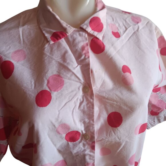 Women's Large Vintage Blouse 50's Atomic Pink Polka Dot Button Top Sanforized - Picture 2 of 9